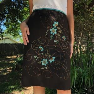 LOFT Brown Pencil Skirt with Teal Lace Flowers